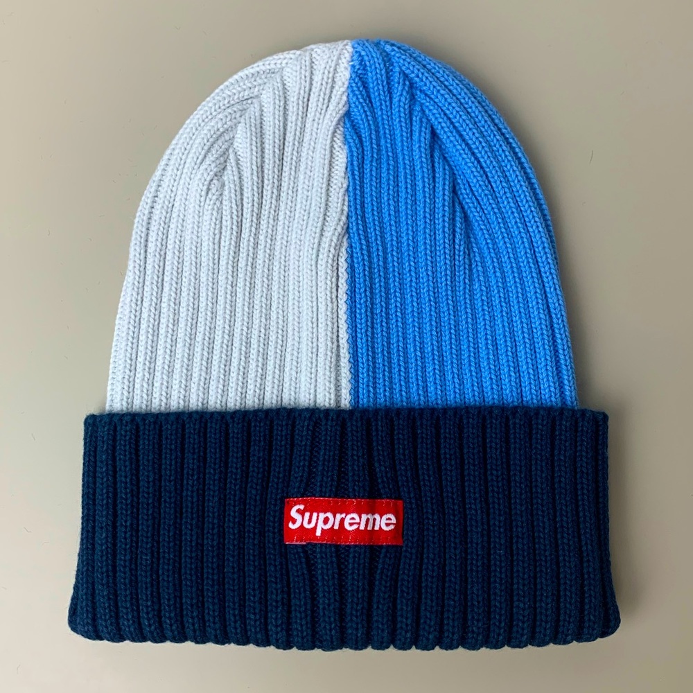 Supreme Overdyed Split Beanie Hat White Blue Navy